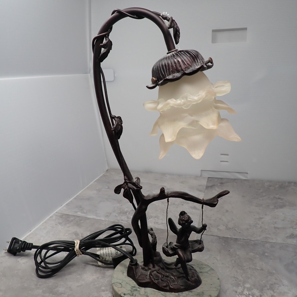Vintage Fairy on Swing Table Lamp Bronze Finish Marble Base Frosted Tulip Shade